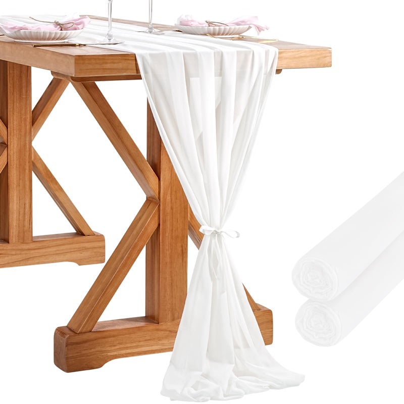 SoarDream White Chiffon Table Runner 2 Packs 27x120 Inches Romantic Rustic Wedding Table Runner 10ft Long Table Runners for Bridal Shower Decorations - Image 1